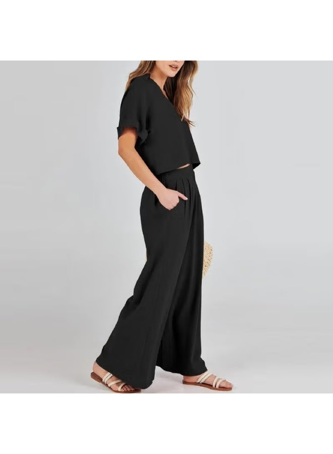 Barbora Elegant Women's T-Shirt and Long Pants Top and Bottom Two Piece Set V Neck Short Sleeve Casual Casual Dress LN27BLACK - Image 4